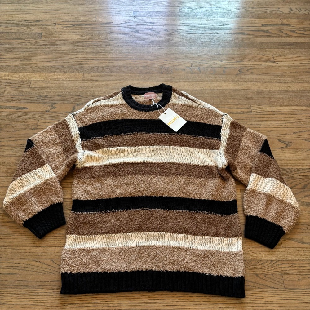 Show Me Your Mumu Womens XS Striped Eyelash Knit Sweater Brown Tan Black NWT